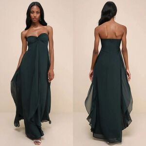 Lulus Intricate Perfection Emerald Green Strapless Ruffled Maxi Dress XL Party